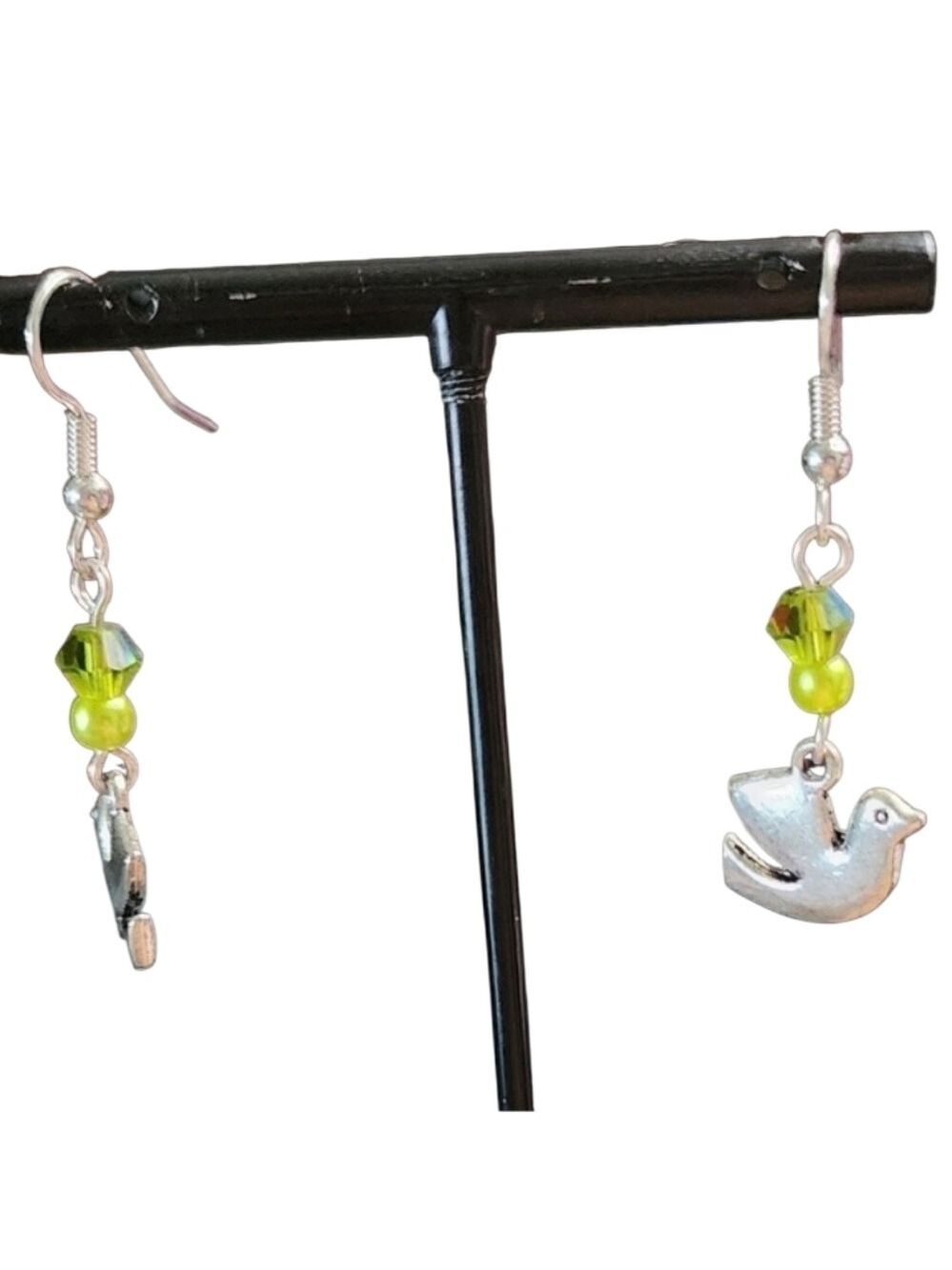 Silvertone Dove Earrings Green Beads